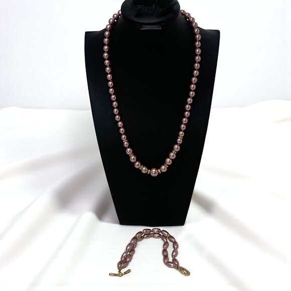 Monet Simulated Pearl Necklace & Bracelet Set Dusky Rose Crystal Gold-Tone Clasp - Picture 9 of 10